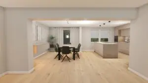 Offene Wohnküche mit Essbereich, Kücheninsel und moderner Einbauküche