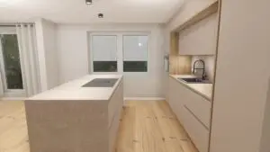 Moderne Einbauküche mit Kücheninsel, Spülbecken und integrierten Küchenschränken