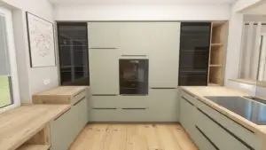 Moderne Einbauküche mit grünen Fronten, Holzarbeitsplatte und integrierter Backofenwand