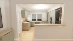 Offene Wohnküche mit Kochinsel, grünen Küchenfronten und heller Holzarbeitsplatte